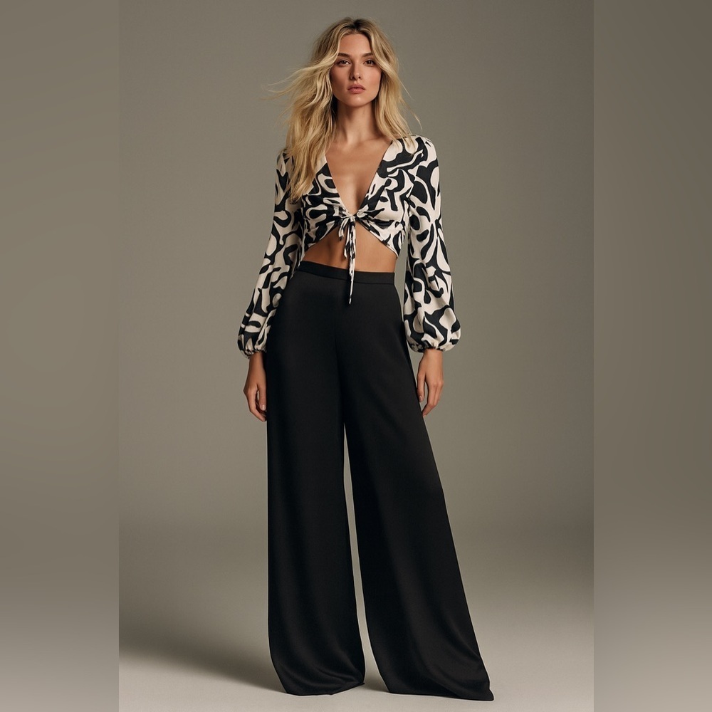 NWT Caroline Constas Black White Long Sleeve Satin Crop Blouse wide leg Pant set